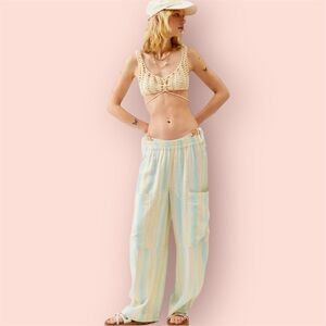 Urban Outfitters | Mae Shimmer Striped Linen Wide Leg Cargo Pant Large